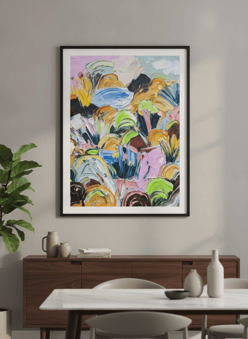 Wall art styled above a dining table in a contemporary home