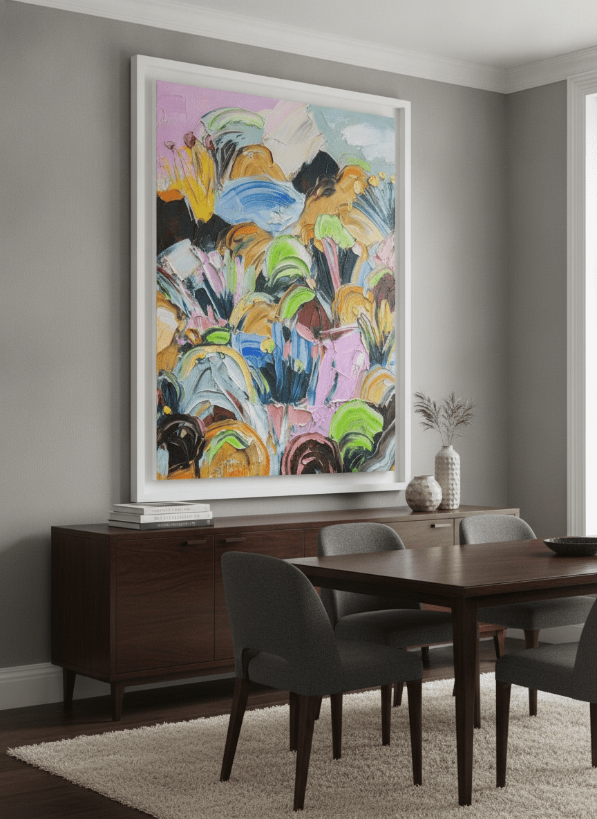 Monumental artwork centred on a feature wall in a luxe interior