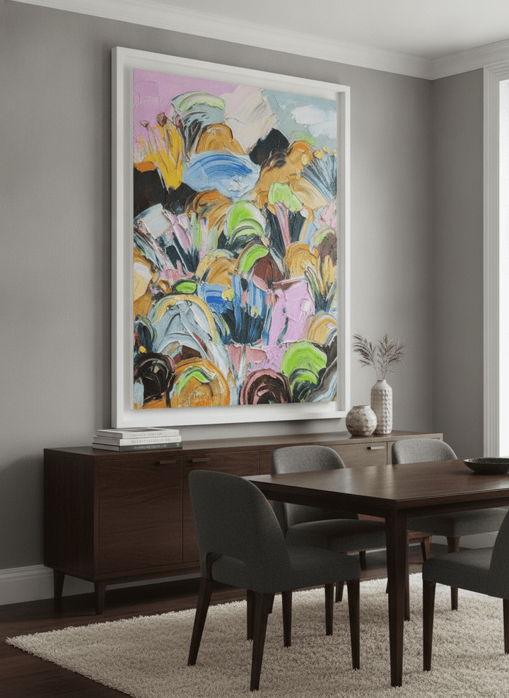 Monumental artwork centred on a feature wall in a luxe interior