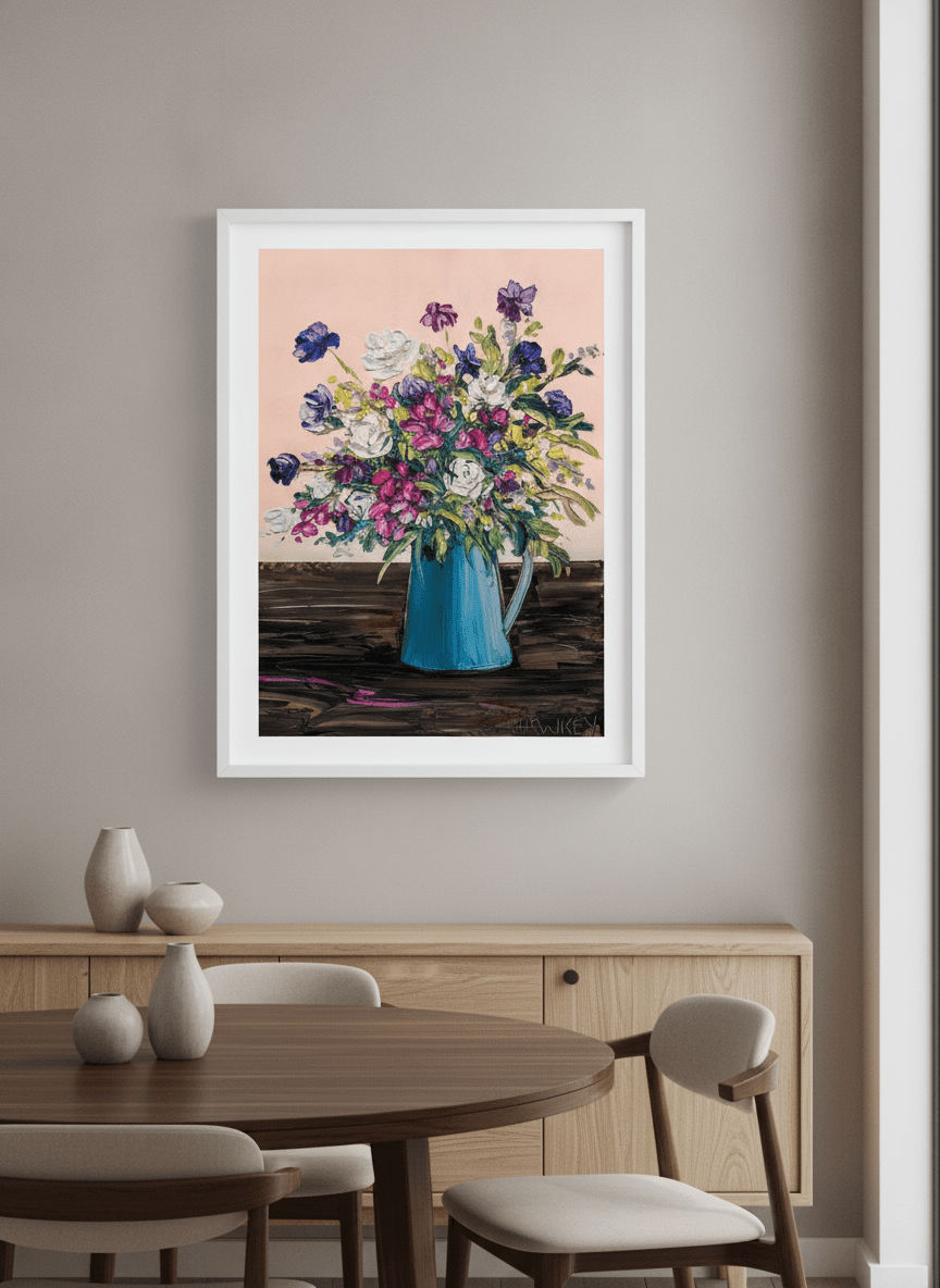 Wall art styled above a dining table in a contemporary home
