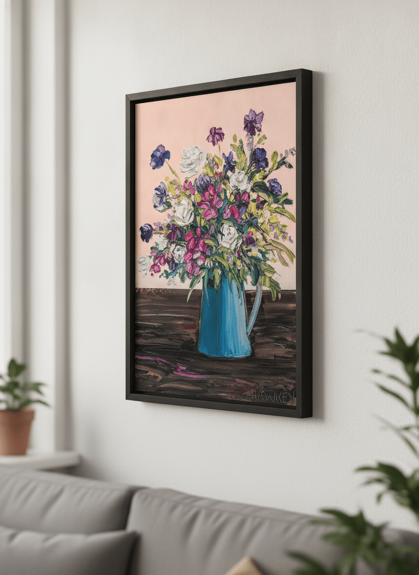Modern wall art styled above a sofa in a neutral living room