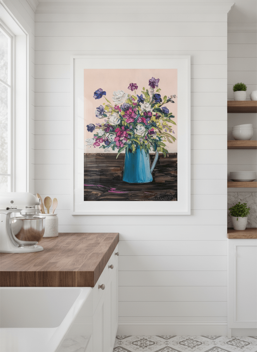 Artwork styled on the wall of a bright modern kitchen