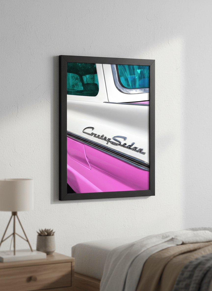 Minimalist artwork displayed in a calm, light-filled bedroom interior