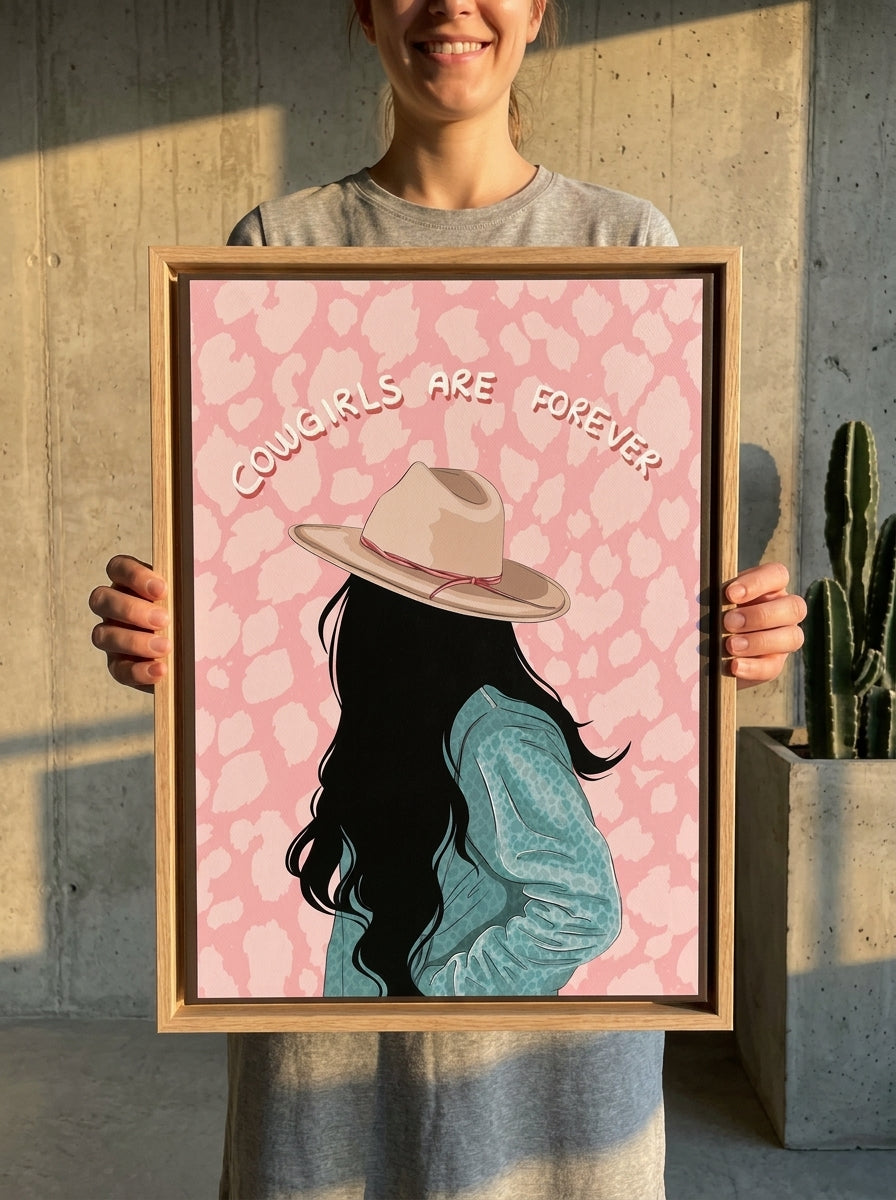 Person holding canvas wall art with a natural timber surround in an industrial loft living room