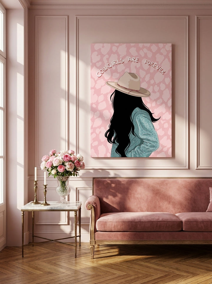 Stretched canvas wall art styled on the wall in a Parisian living room