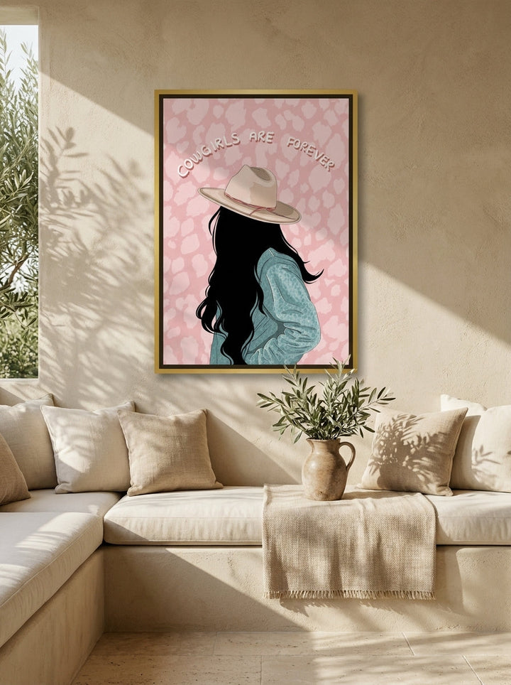 Canvas wall art with a gold leaf surround styled on the wall in a Mediterranean living room