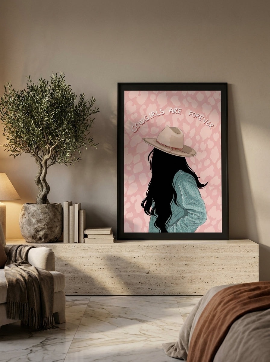 Modern wall art print standing on a console in a luxe bedroom