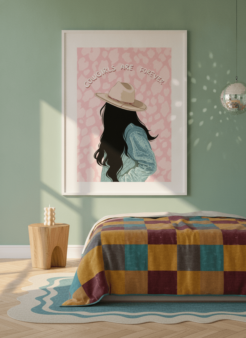Oversized statement modern wall art print styled on the wall in a colourful eclectic bedroom