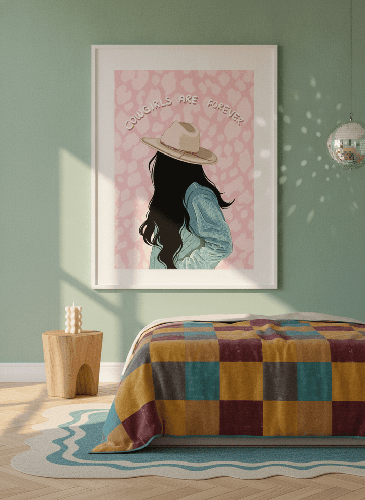 Oversized statement modern wall art print styled on the wall in a colourful eclectic bedroom
