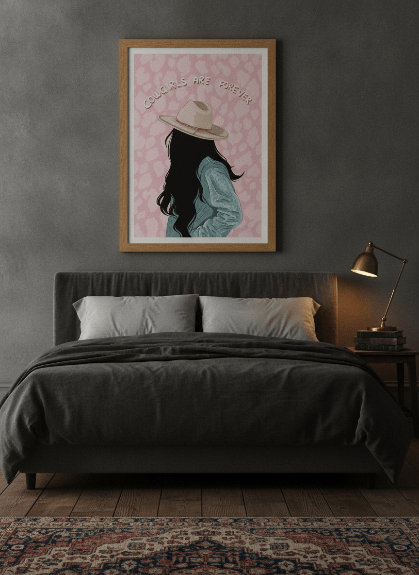 Modern wall art print styled on the wall in a moody bedroom