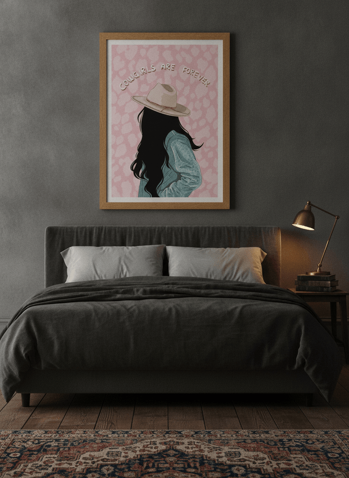Modern wall art print styled on the wall in a moody bedroom