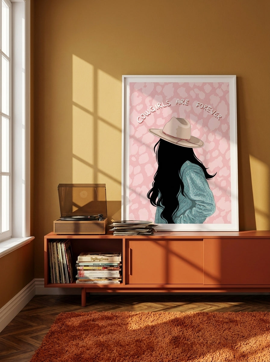 Modern wall art print standing on a sideboard in a retro 70s living room