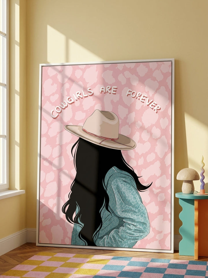 Oversized statement canvas wall art with a white surround leaning against the wall in a colourful eclectic bedroom