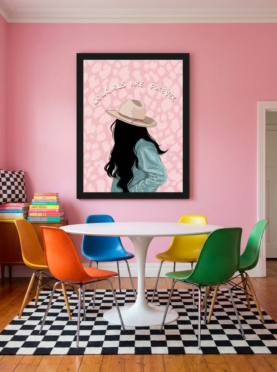 Oversized statement modern wall art print styled on the wall in a colourful eclectic dining room