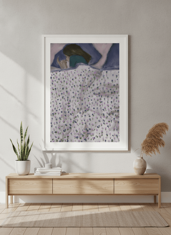 Modern wall art styled above a sofa in a neutral living room