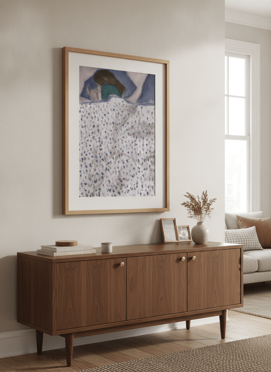 Artwork displayed above a credenza in a real-looking contemporary home