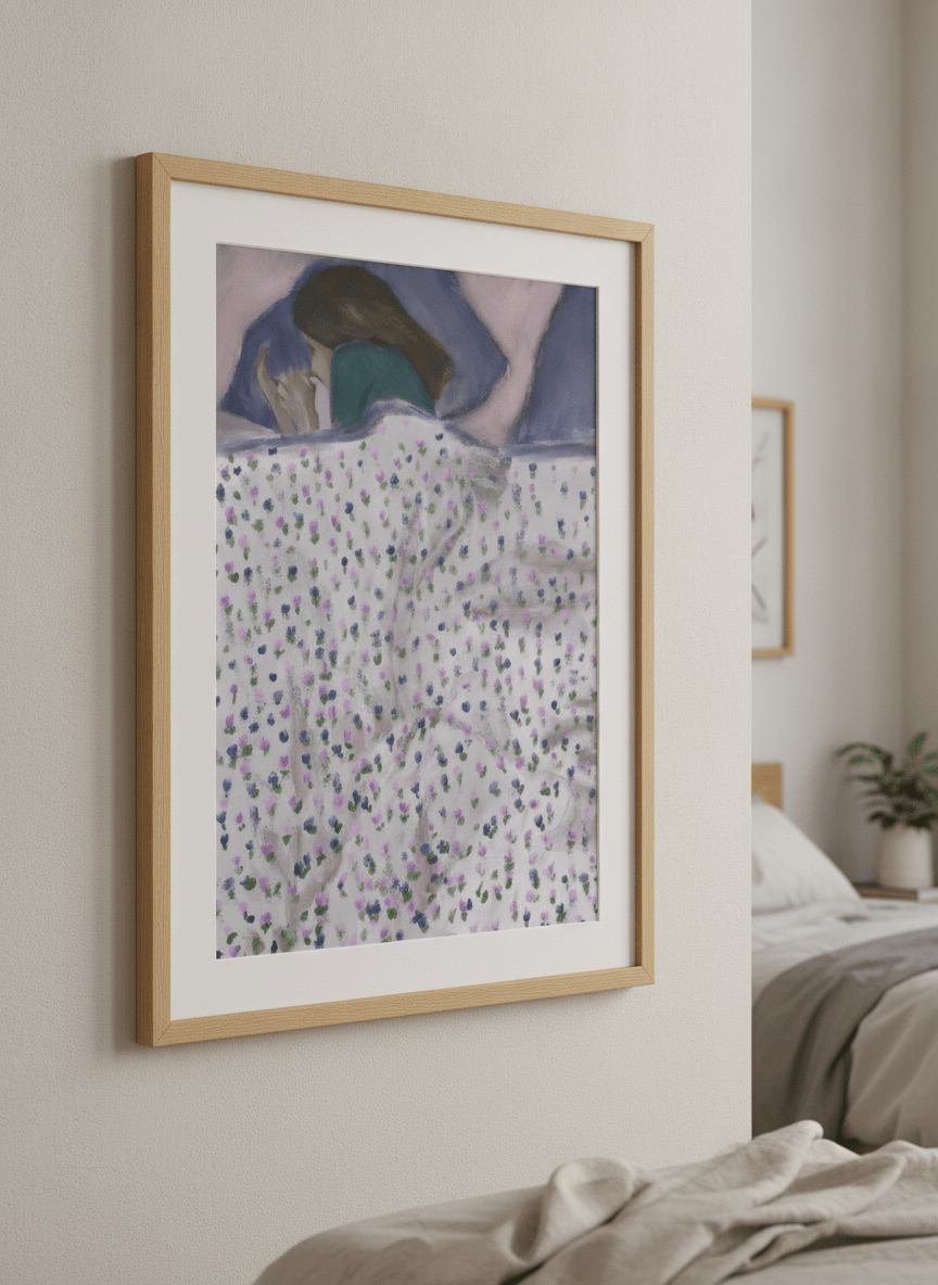Minimalist artwork displayed in a calm, light-filled bedroom interior