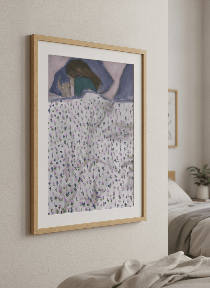 Minimalist artwork displayed in a calm, light-filled bedroom interior