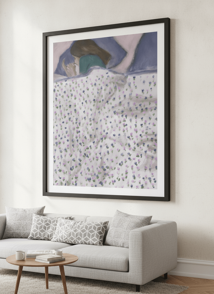 Modern wall art styled above a sofa in a neutral living room