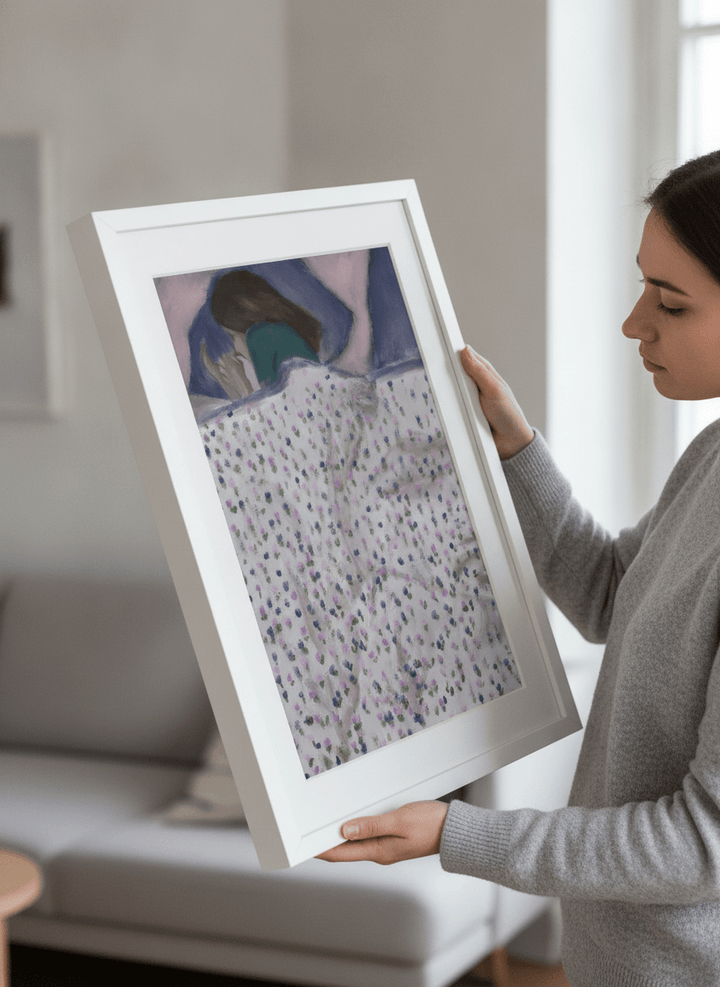 Person showcasing the artwork against a clean modern interior wall