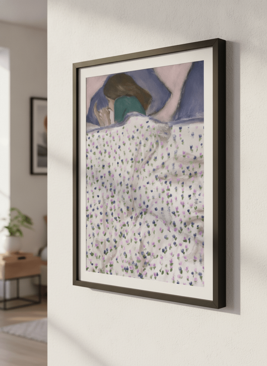 Minimalist artwork displayed in a calm, light-filled bedroom interior