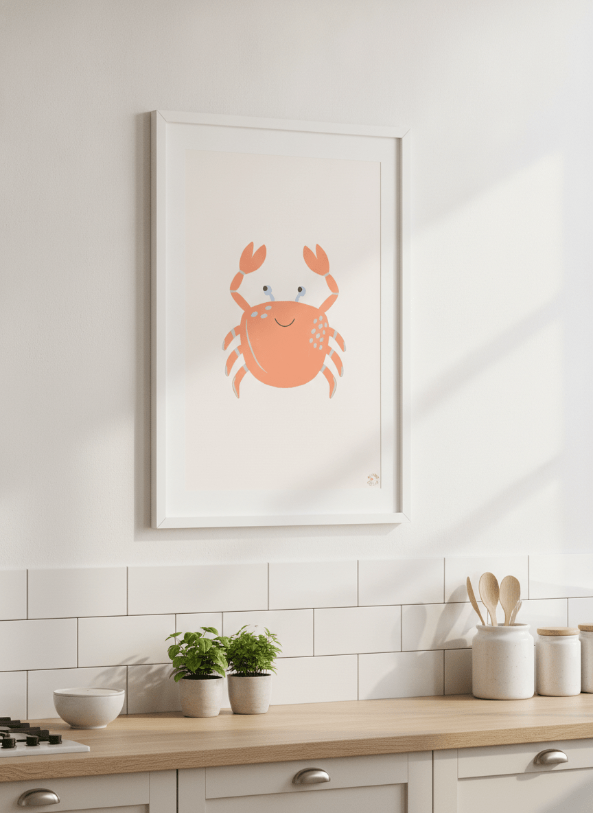 Artwork styled on the wall of a bright modern kitchen