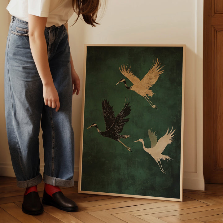 Trio of Cranes Flying Wall Art,livingrom,timber border