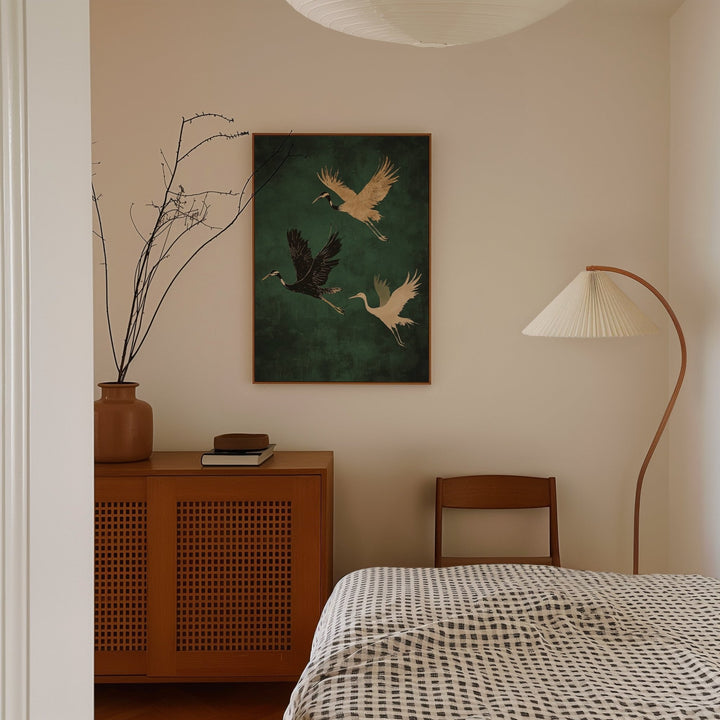 Trio of Cranes Flying Wall Art,livingrom,timber border