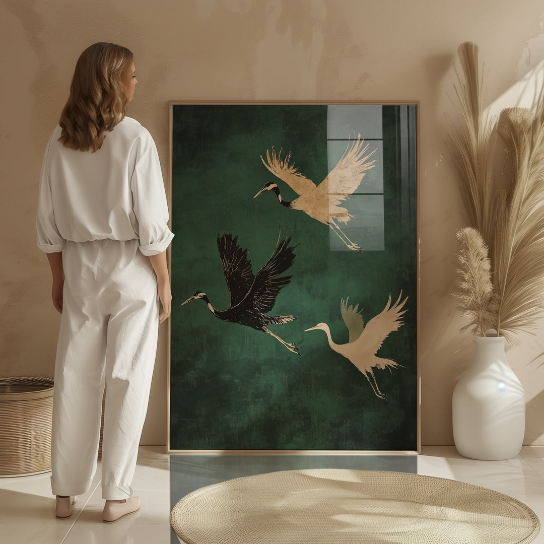 Trio of Cranes Flying Wall Art,livingrom,timber border