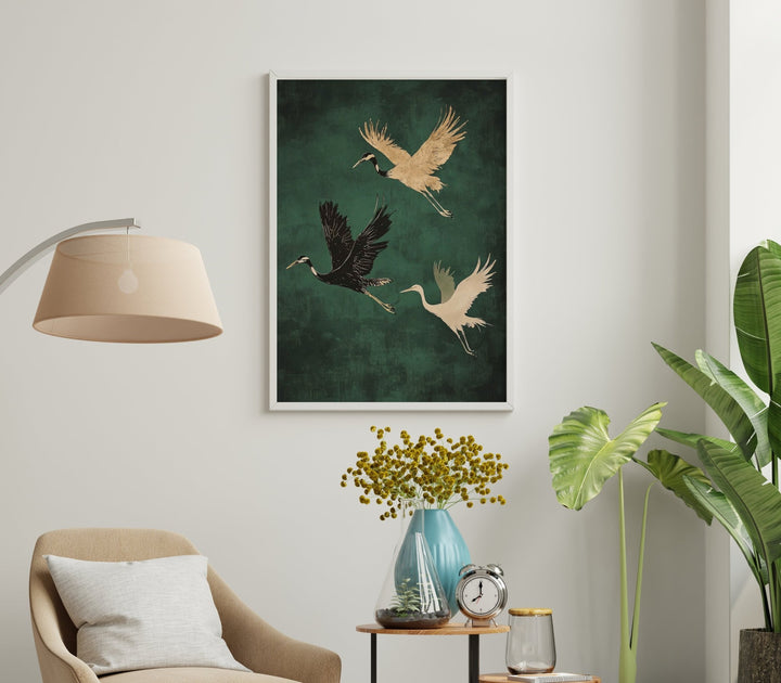 Trio of Cranes Flying Wall Art,livingrom,timber border