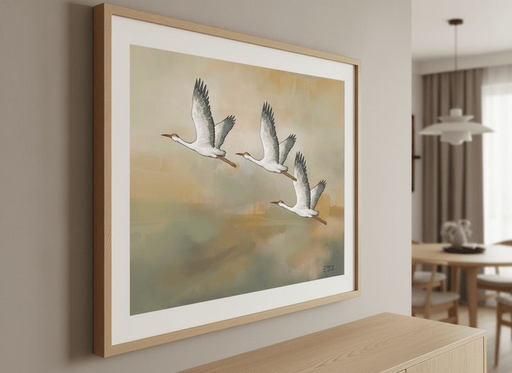 Wall art styled above a dining table in a contemporary home