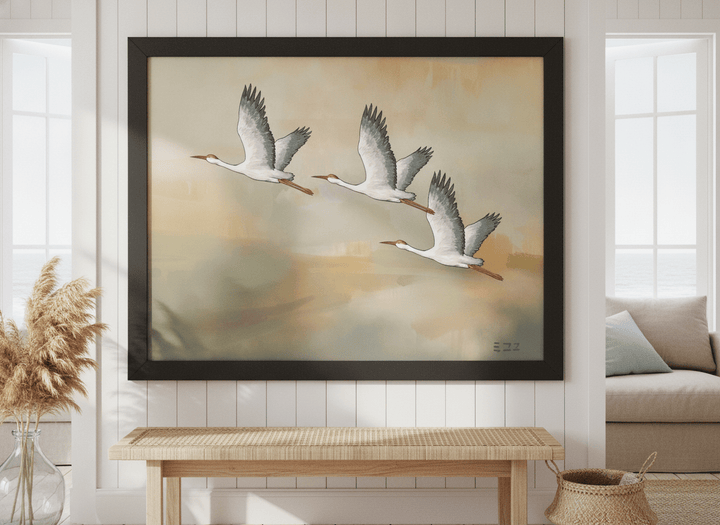Neutral wall art displayed in a sunny coastal beach house