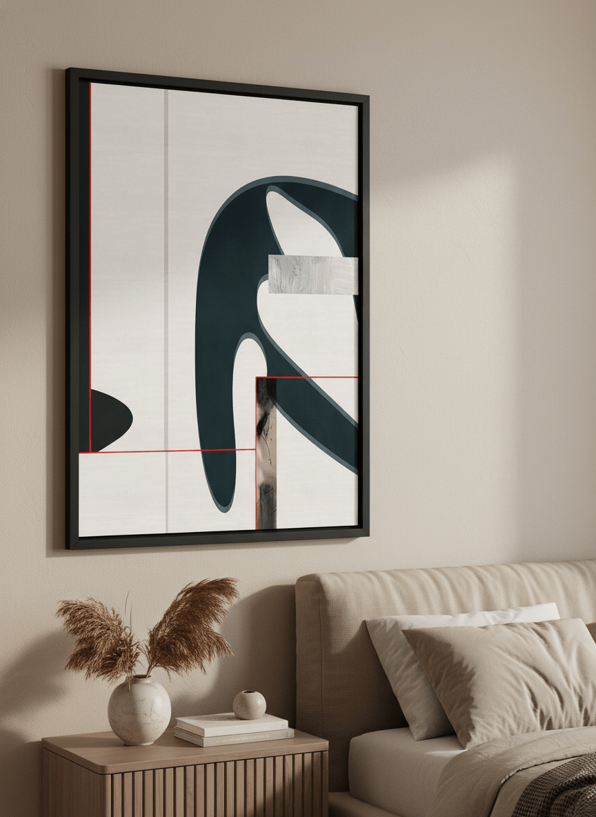 Minimalist artwork displayed in a calm, light-filled bedroom interior