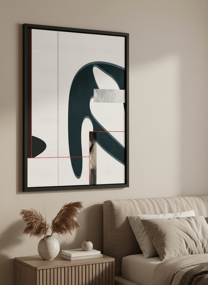 Minimalist artwork displayed in a calm, light-filled bedroom interior