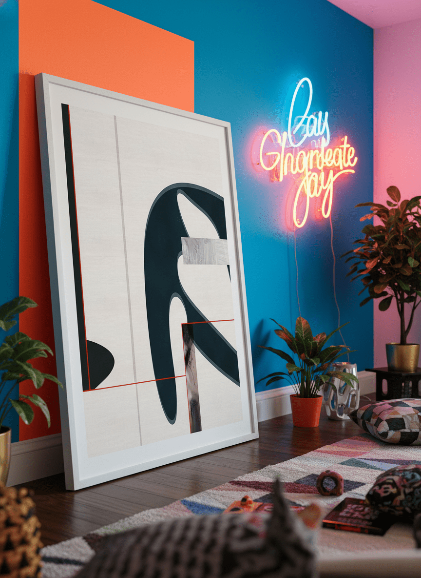 Bold wall art styled in a colourful, eclectic modern home