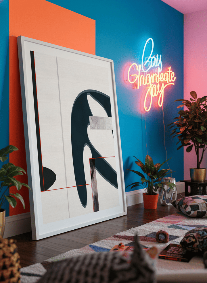 Bold wall art styled in a colourful, eclectic modern home
