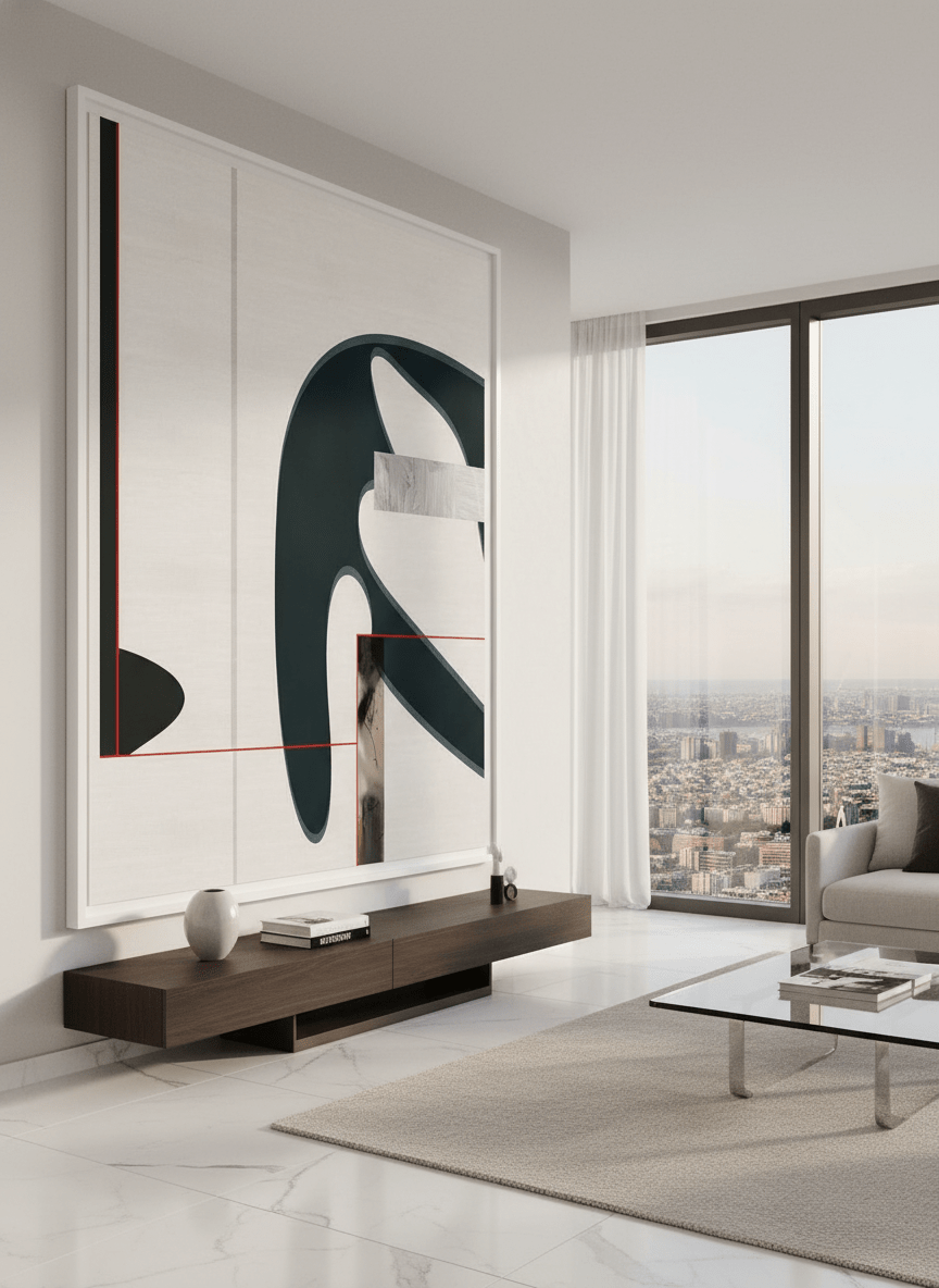 Monumental artwork centred on a feature wall in a luxe interior