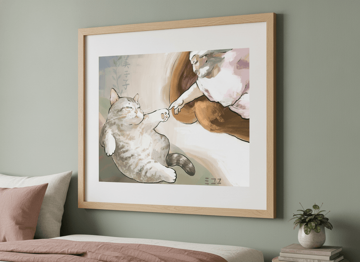 Minimalist artwork displayed in a calm, light-filled bedroom interior