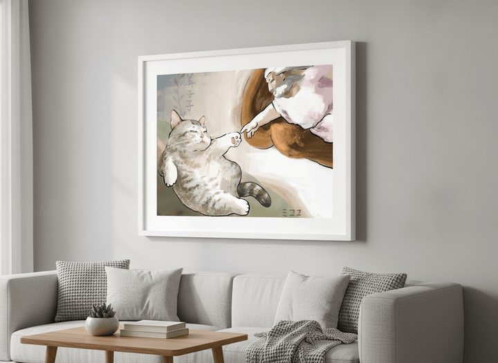 Modern wall art styled above a sofa in a neutral living room