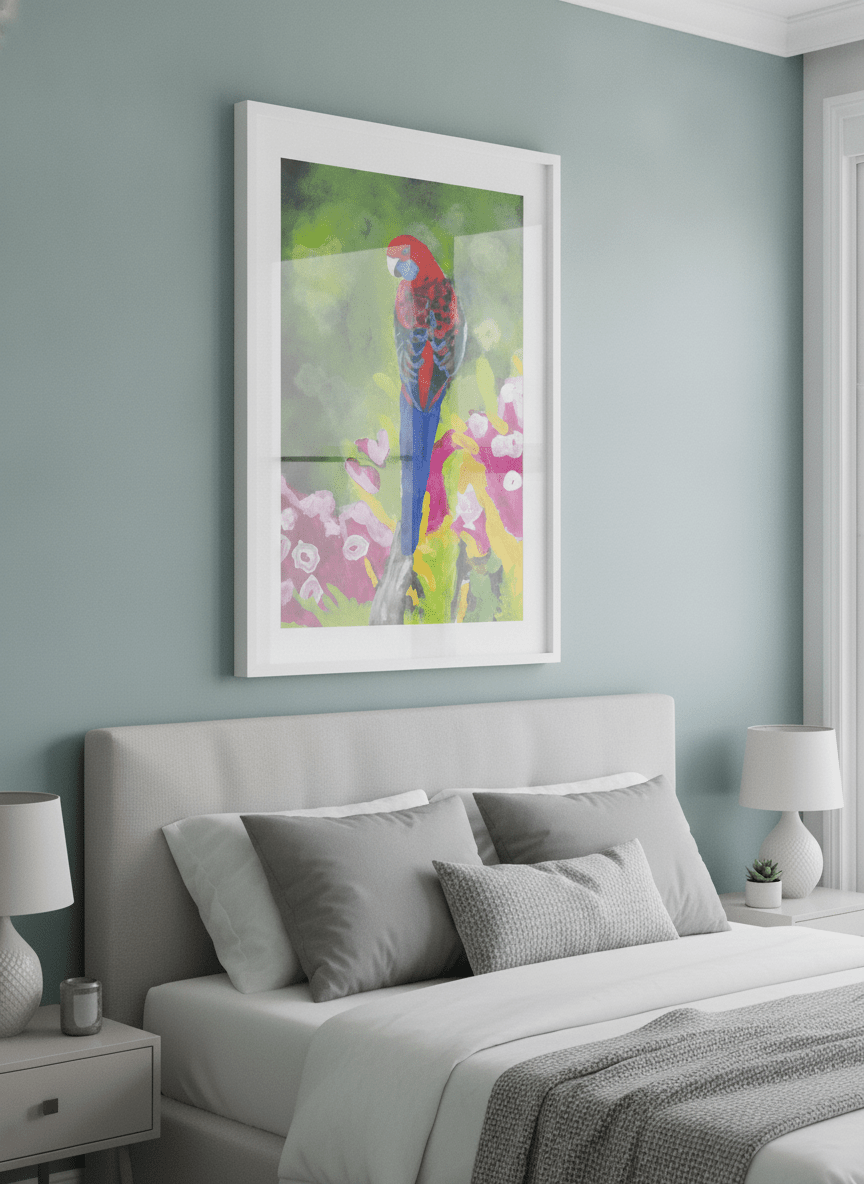Minimalist artwork displayed in a calm, light-filled bedroom interior