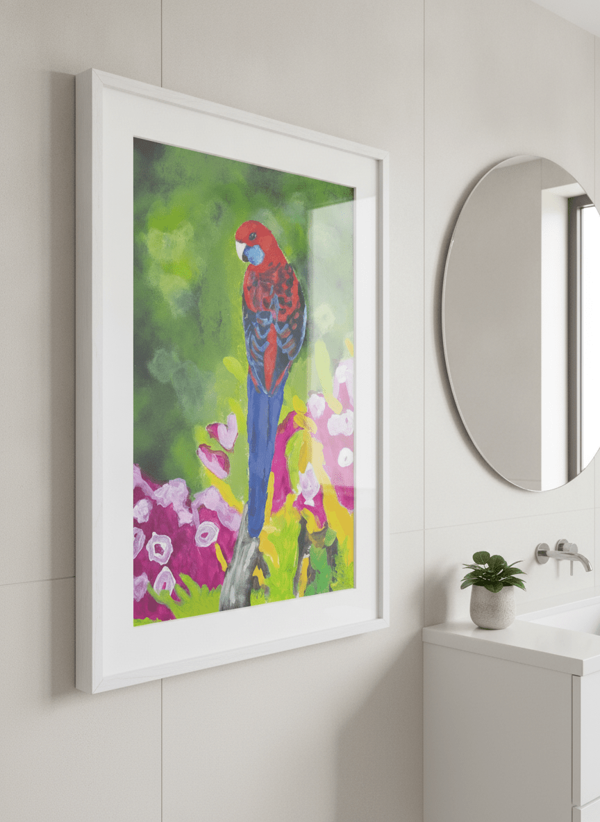 Modern print displayed in a clean minimalist bathroom setting