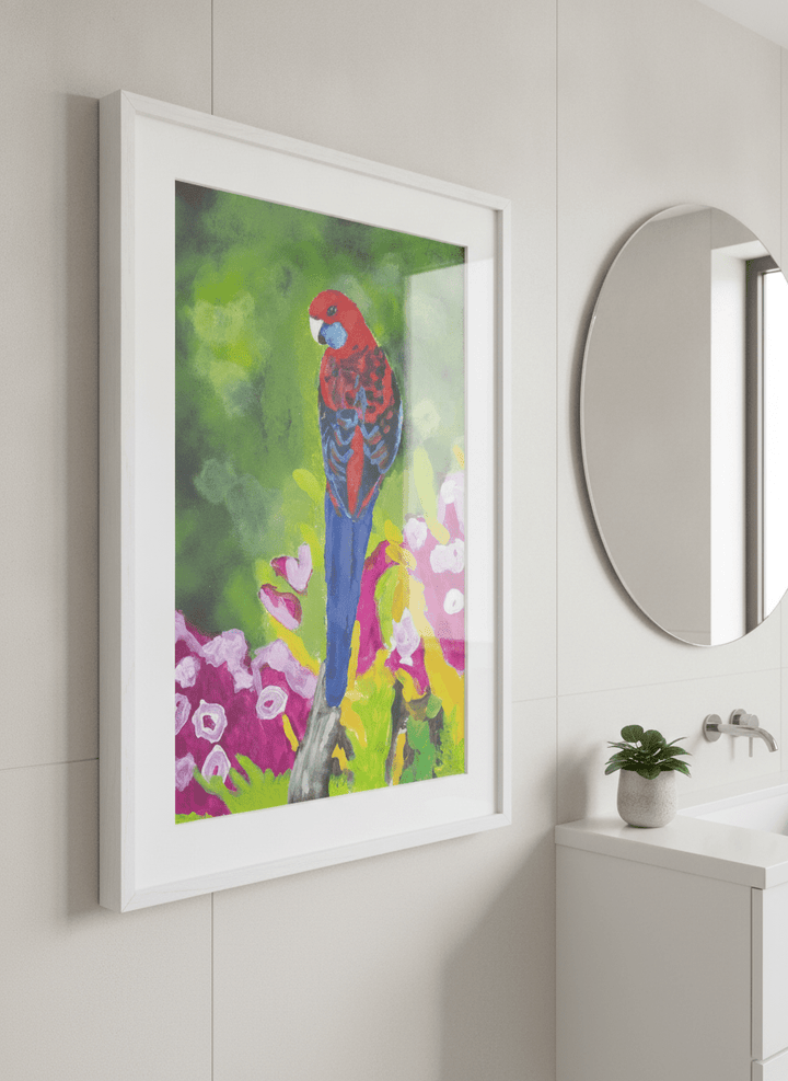 Modern print displayed in a clean minimalist bathroom setting
