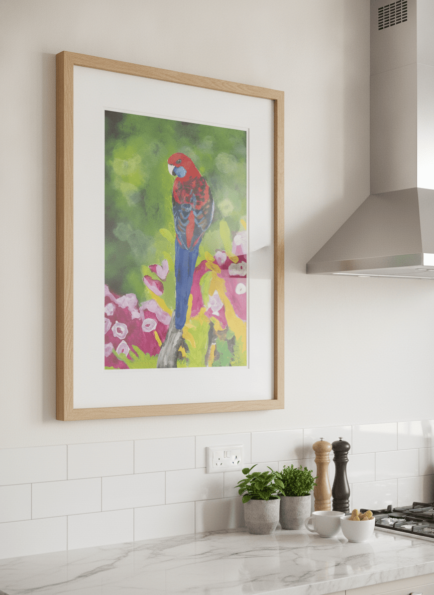Artwork styled on the wall of a bright modern kitchen