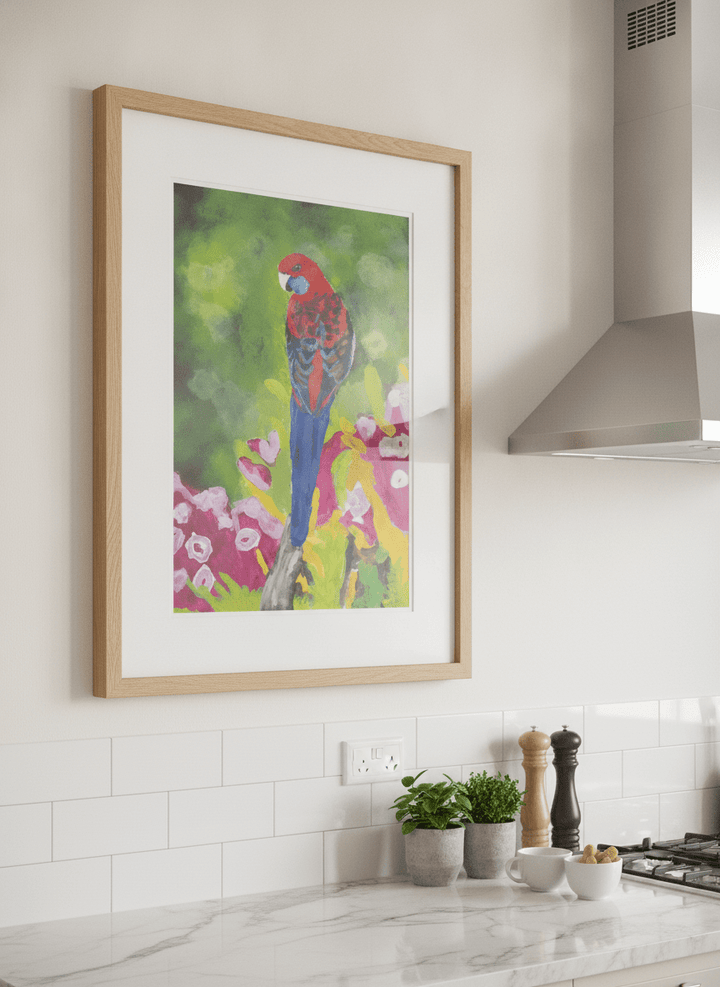 Artwork styled on the wall of a bright modern kitchen