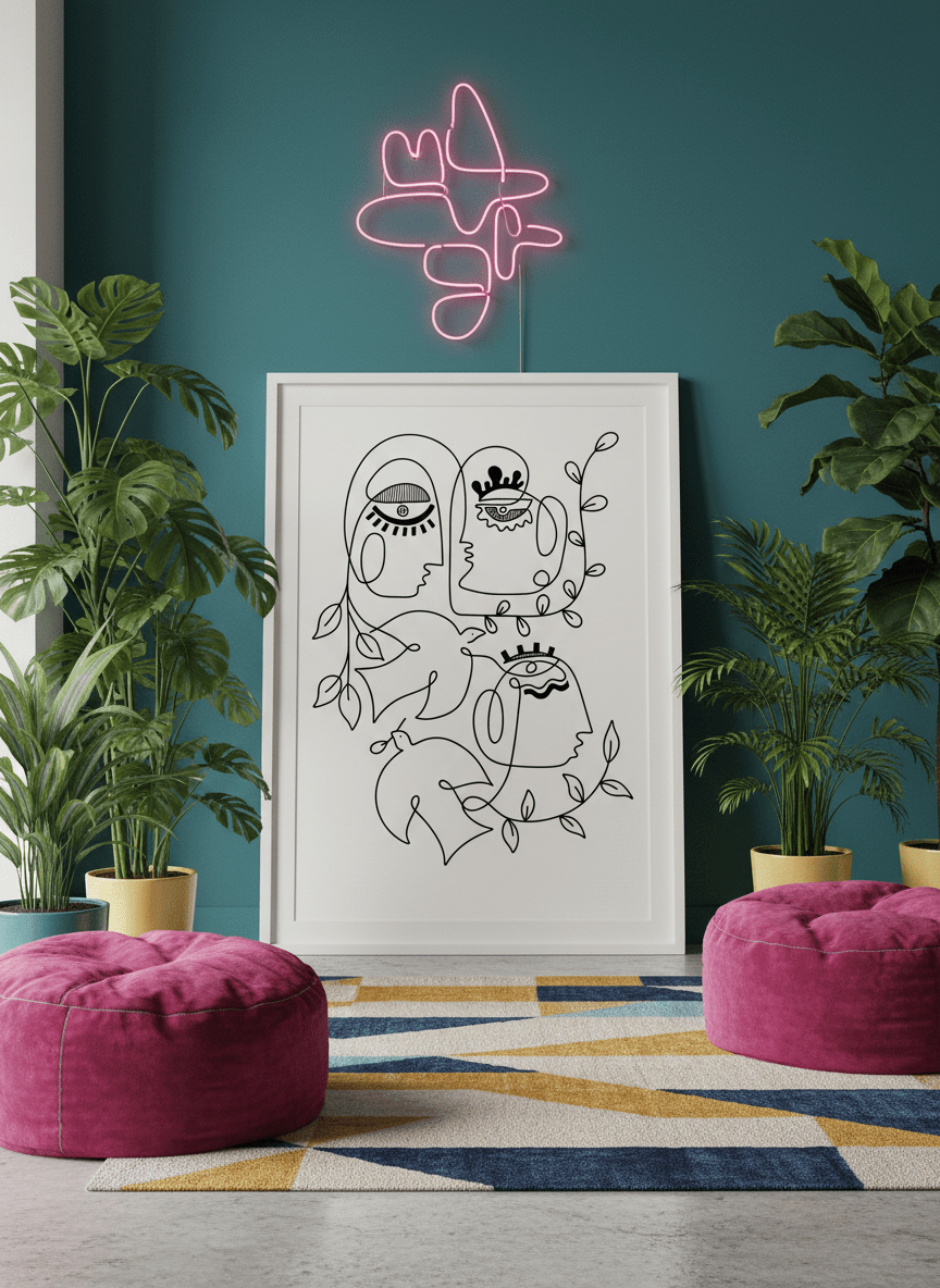 Bold wall art styled in a colourful, eclectic modern home