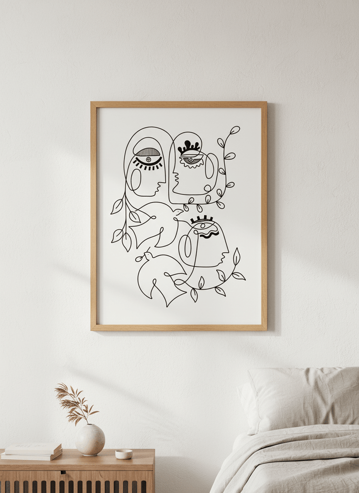 Minimalist artwork displayed in a calm, light-filled bedroom interior