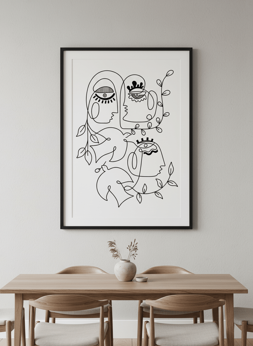 Wall art styled above a dining table in a contemporary home