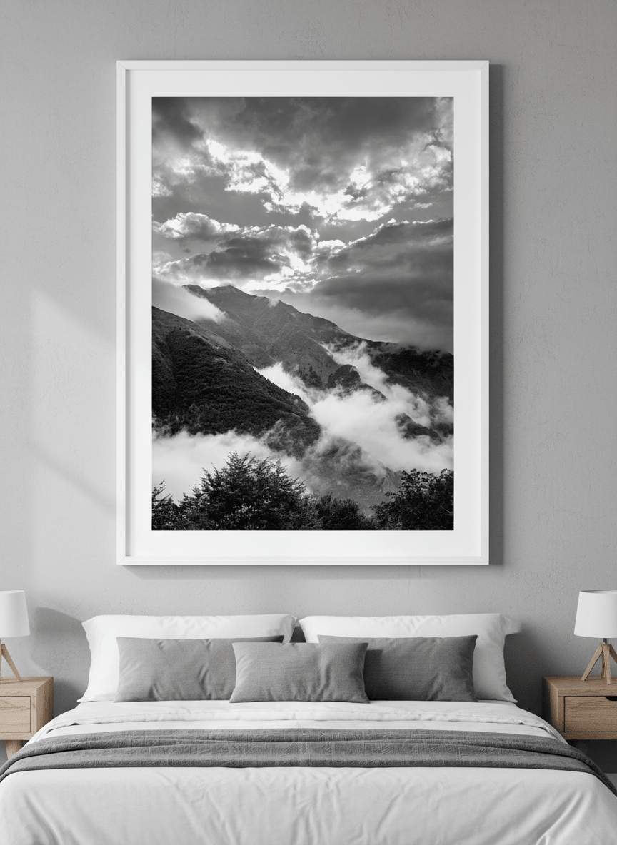 Minimalist artwork displayed in a calm, light-filled bedroom interior