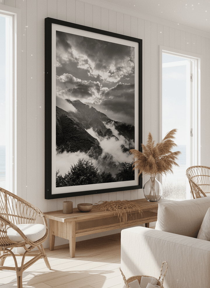 Neutral wall art displayed in a sunny coastal beach house