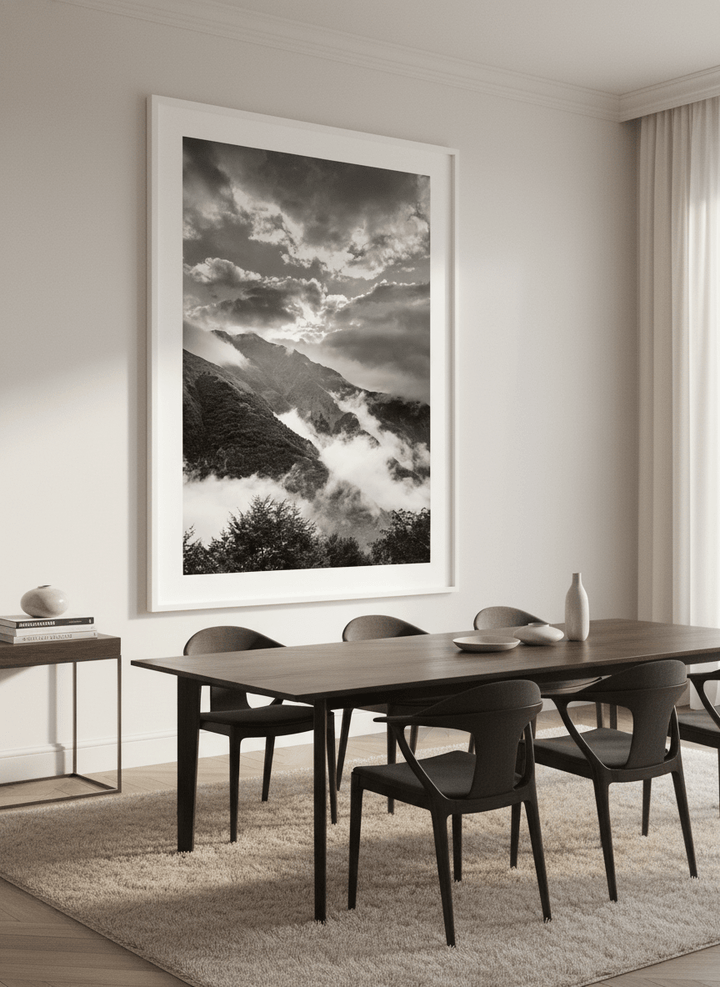Monumental artwork centred on a feature wall in a luxe interior